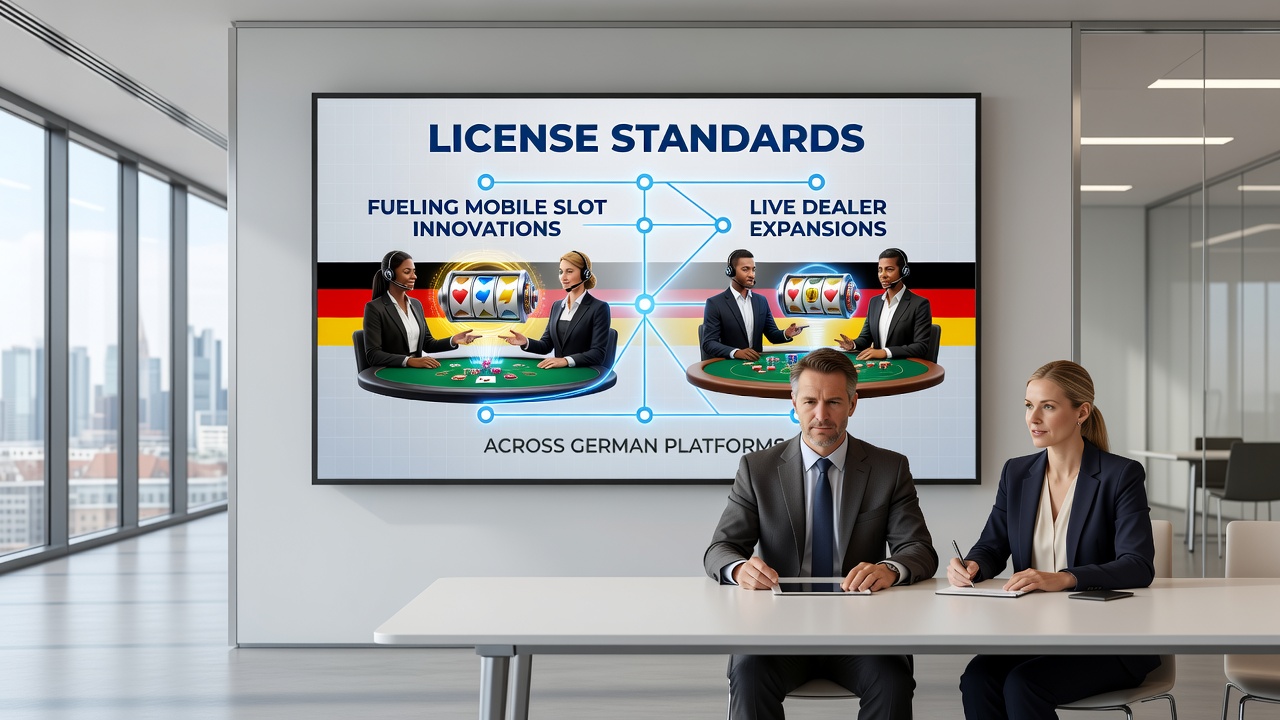 Illustration der Live-Dealer-Erweiterungen und mobilen Innovationen unter deutschen Lizenzstandards