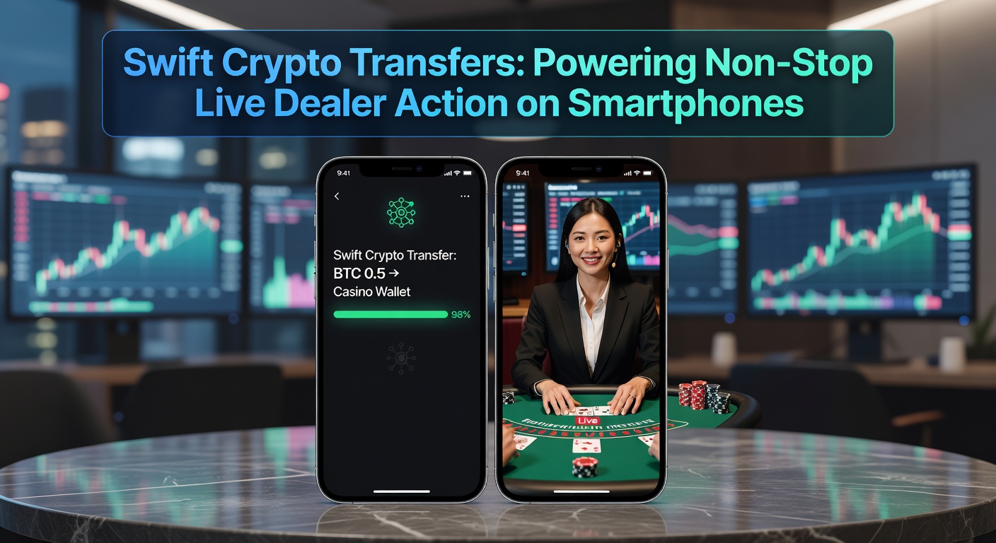 Smartphone mit Live-Dealer-Roulette und Krypto-Transaktions-Icons, die ultraschnelle Überweisungen symbolisieren