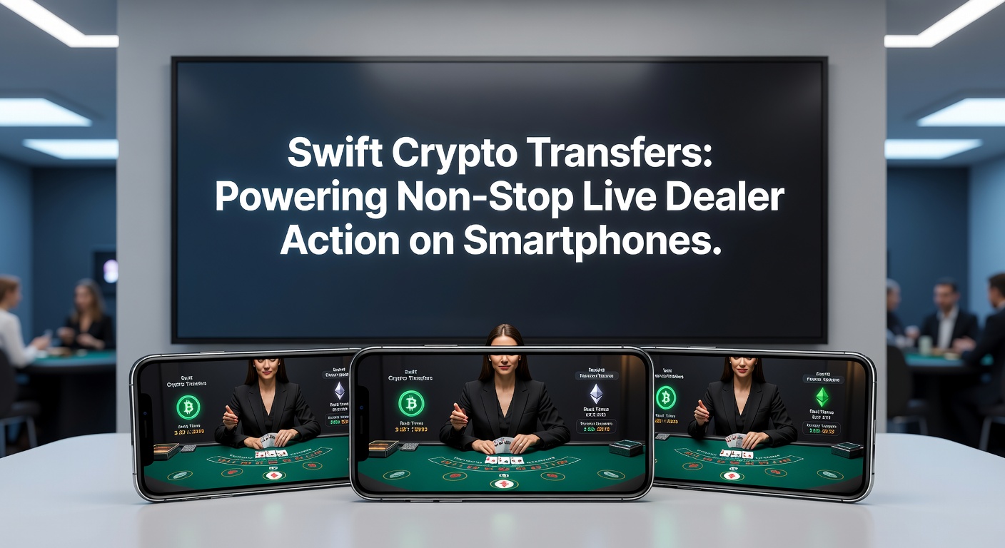 Live-Dealer am Blackjack-Tisch auf Smartphone-Bildschirm mit Krypto-Wallet-Overlay und Geschwindigkeitsindikatoren