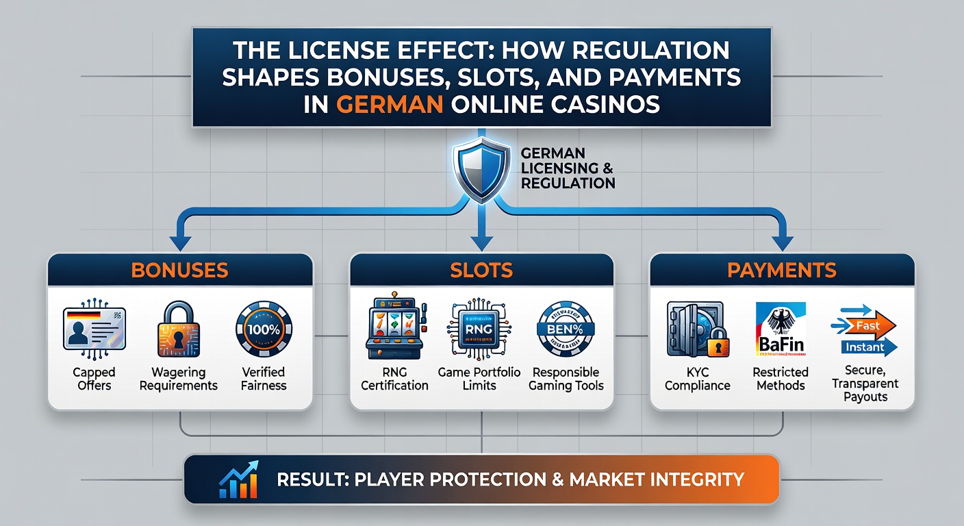 Grafik mit Slots, Bonus-Symbolen und Zahlungsikonen unter einer Lupe der Regulierung, die den Einfluss der Lizenz visualisiert