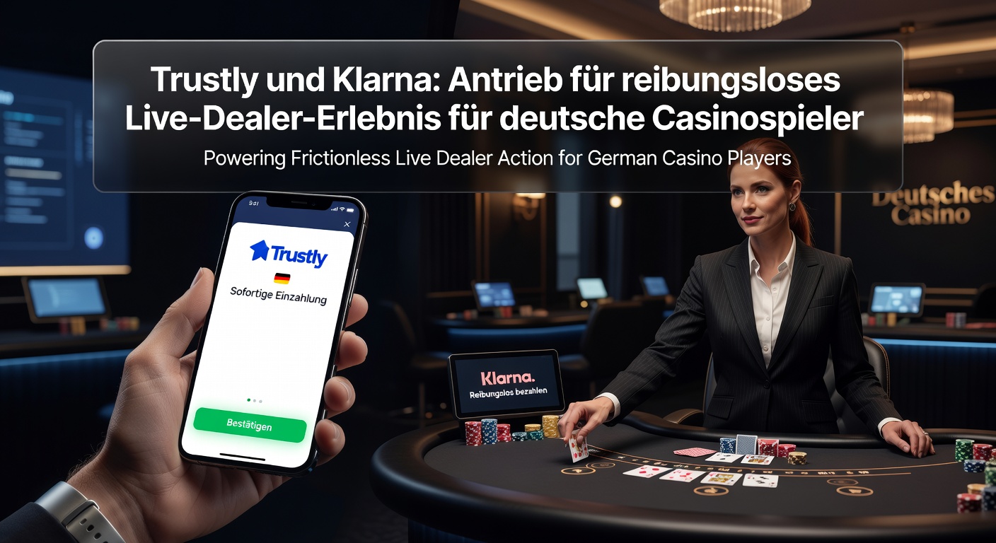 Darstellung von Trustly und Klarna Logos neben einem Live-Dealer-Tisch in einem Online-Casino, die schnelle Zahlungen symbolisieren